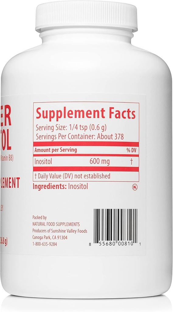 Sunshine Valley® Super Inositol, ויטמין B8 אבקת תוספת תזונתית, Natural & PCOS פריון תוסף, Hormonal Balance & Health Ovarian Function Support - 16 oz