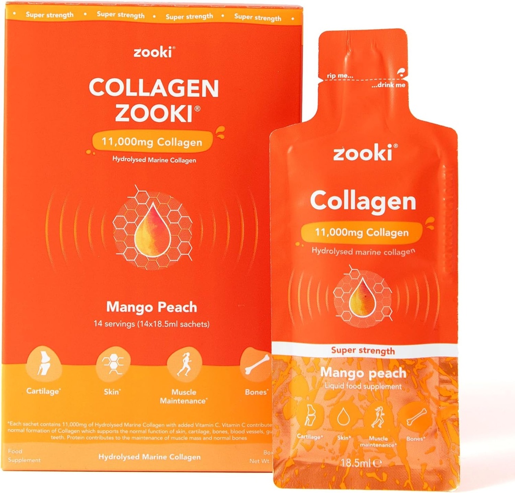 Zooki Super Power Marine Collagen Liquid Sachets 11 מ"ג - טעם גדול, סוכר חינם - תוספי כוח עליון ספירן כוח עבור נשים וגברים - עור, מפרקים שיער (Mango Peach, 14 משרתים)