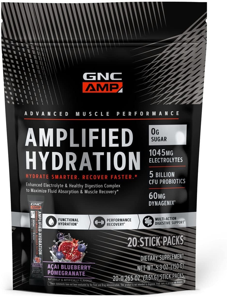 GNC AMP Amplified hydrotion אבקת משקה לערבב | Enhanced Electrolyte & Healthy Digest Complex | Acai Blueberry Pomegranate | 20 Count Countd Electrolyte