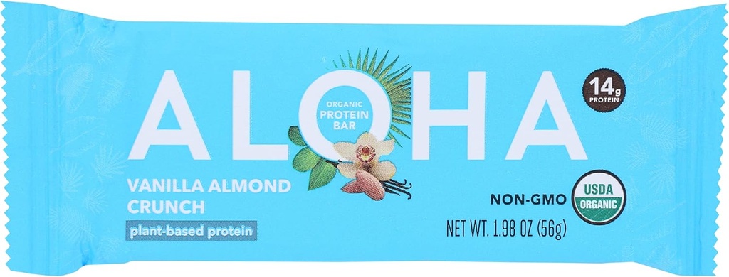 Aloha אורגני Vanilla Almond Crunch חלבונים Bars, 14g צמחי חלבון מבוסס חלבון, USDA Certified אורגני, Gluten Free & non-GMO, 1.9 Oz (Pack of 12)