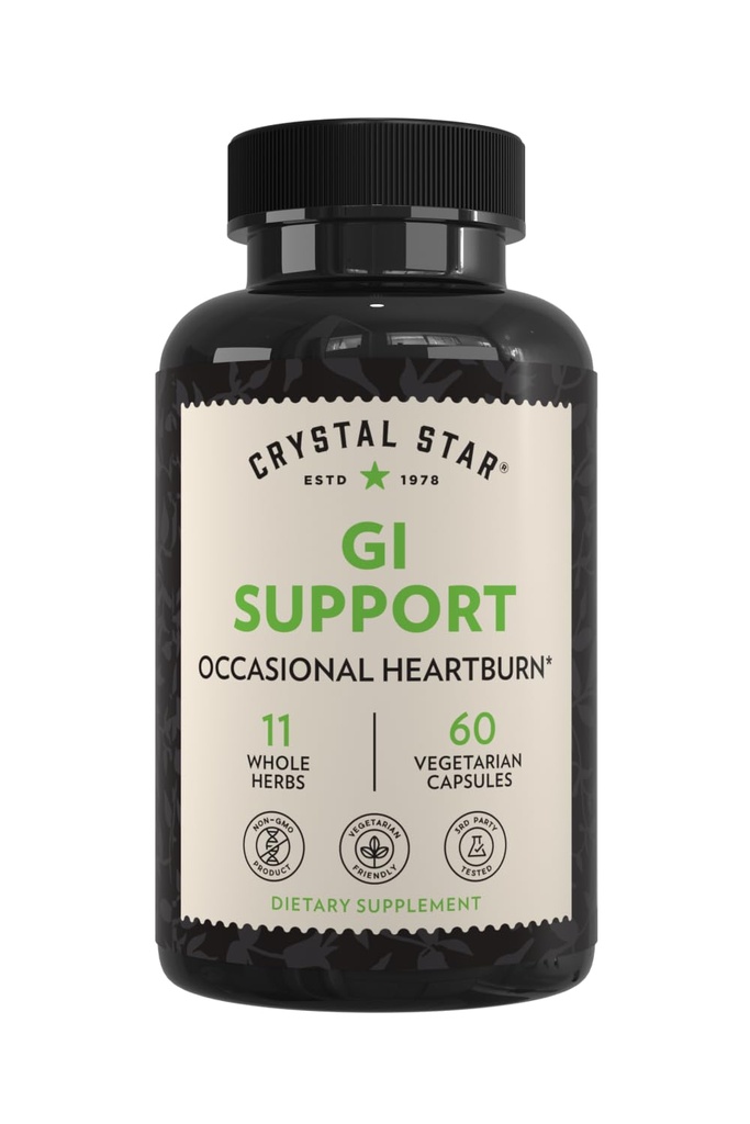 Crystal Star GI תומך תוסף (60 קפסולות) - Herbal Gut Health Supplement זה מרגיע Occasional לבבורן ותמיכה Acid Reflux - ג'ינג'ר, Slippery Elm Bark & Betaine HCL - Non-GMO