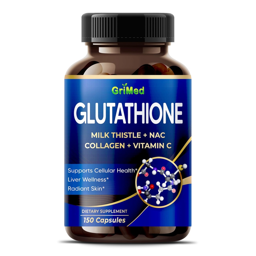 GriMed Glutathione 11,200 מ"ג - X10 Power with Milk Thistle, NAC, Collagen, ויטמין C - Cell, Radiant Skin - USA Made & Tested (150 Count (Pack of 1))