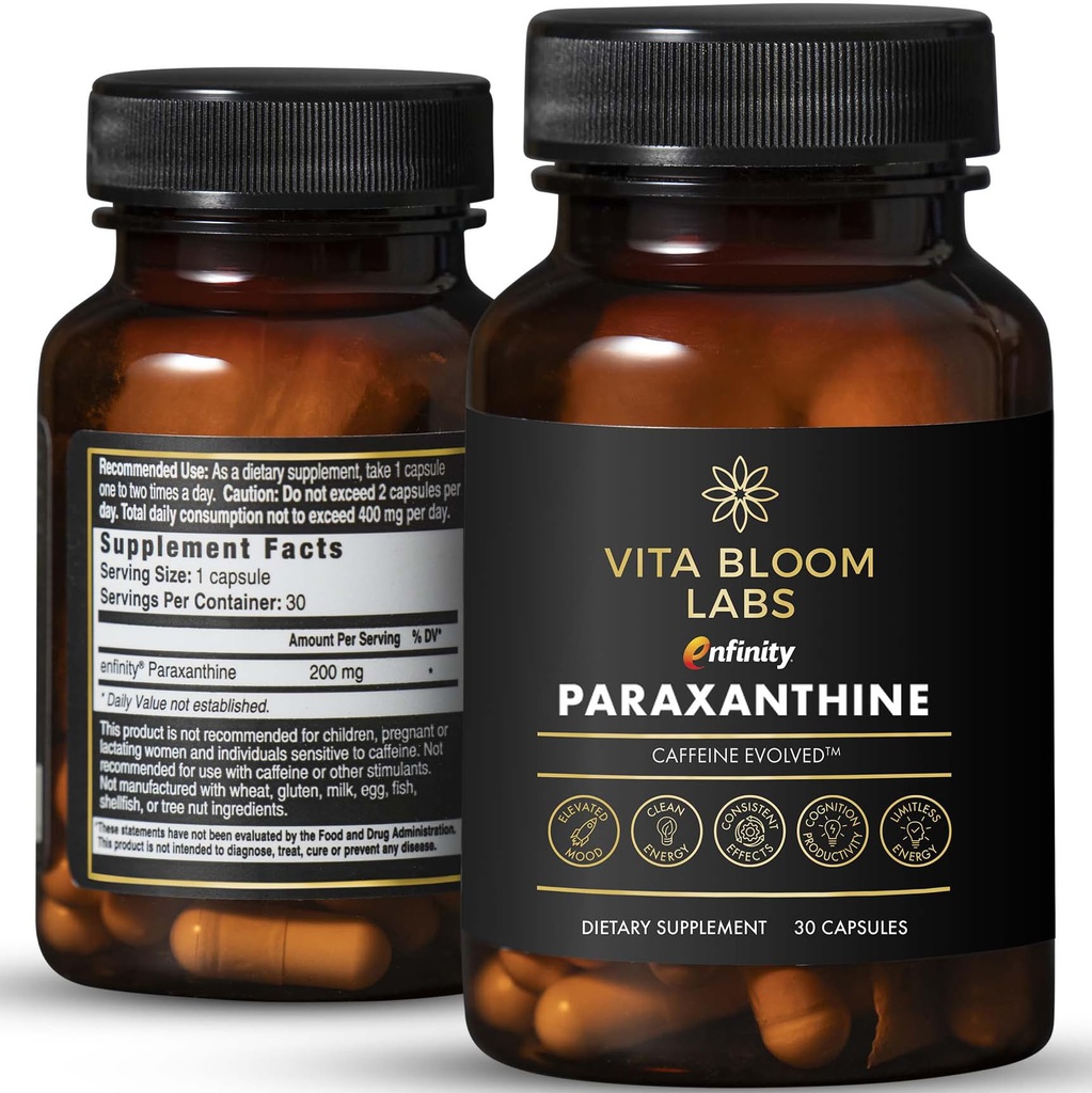 Enfinity Paraxanthine כמוסות, אנרגיה נקייה וריכוז, Caffeine Alternative | 200 מ"ג לקפסולה | 30 קפסולות לבקבוק | פורמולה בארה"ב, GMP Certified, Non-GMO, כשר כשר