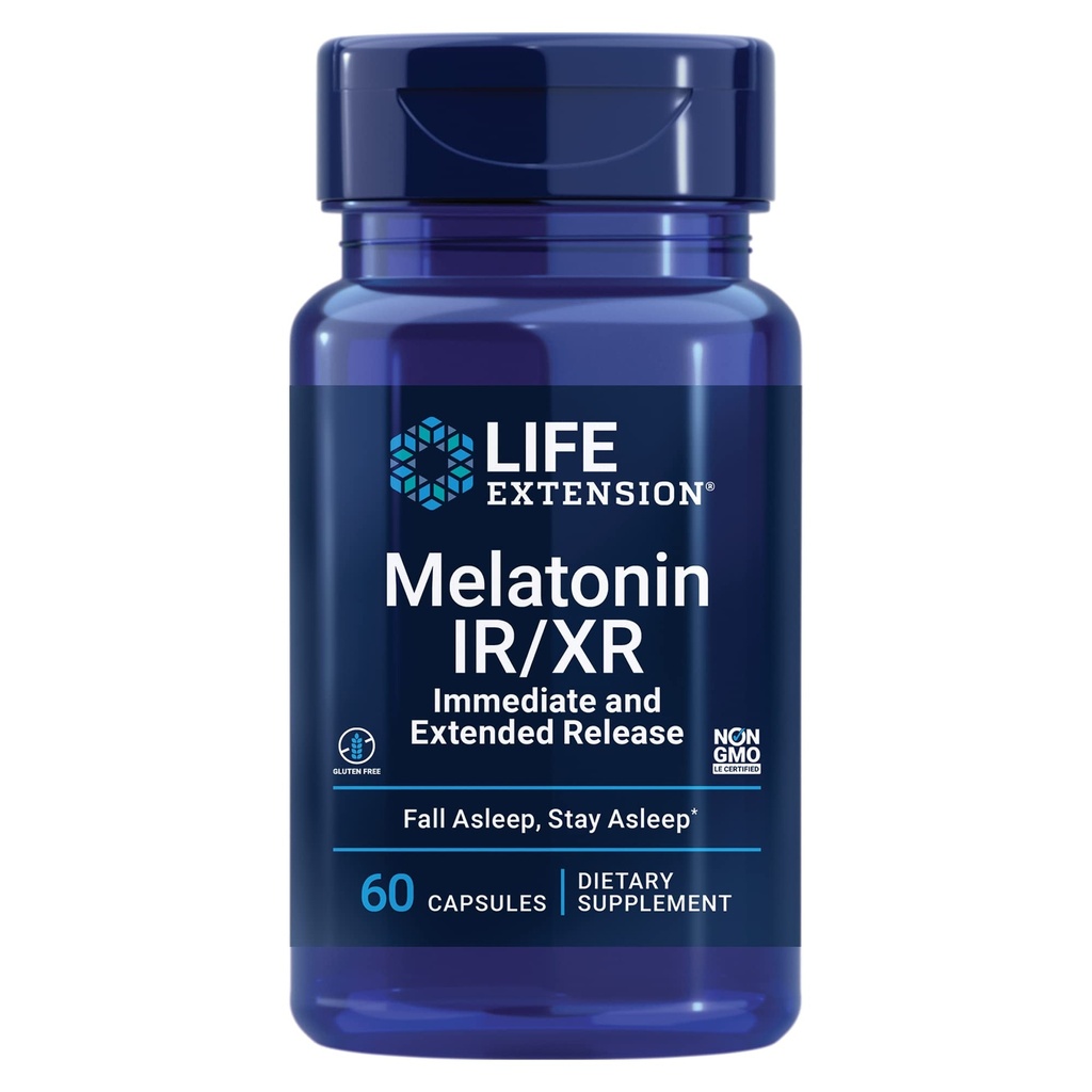 Life Extension Melatonin IR / XR, 1.5 מ"ג, מיד-and המורחבת-Release פורמולה עבור תמיכה בשינה אופטימאלית, מיילדות בריאות, הגנה סלולרית, Gluten-Free, non-GMO, 60 קפסולות