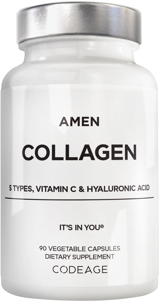 Amen Multi Collagen Peptides קפסולות עם Hyaluronic Acid ו ויטמין C - 5 סוגים של חלבון קולגן סוג I, II, III, V, X - Grass Fed hydrolyzed - 18 Amino Acids - תוסף קולגן - 90 גלולות