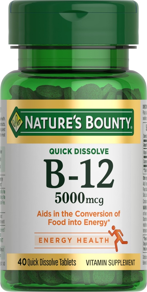 ויטמין B12 של Nature's Bounty ויטמין B12, תומך במטבוליזם אנרגיה ובבריאות מערכת העצבים, 5000mcg, 40 טבליות Quick Dissolve