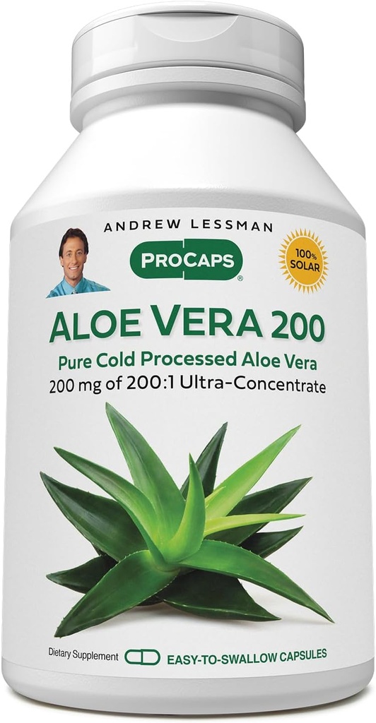 AndREW LESSMAN Aloe Vera 200-30 קפסולות - מספק 200:1 Ultra-Concentrate של Aloe Vera, Soothing Support for Stomach and Digestive System, No Additives, Small Easy to Swallow כמוסות
