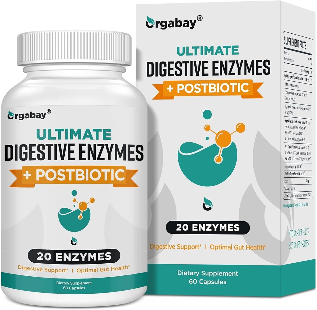 Orgabay Digestive Enzymes 1000 מ"ג עם Postbiotics, 20 Enzyme Band for Bloating, Optimal Digestion ו- Gutfunction, 60 ווג'י קפסולות