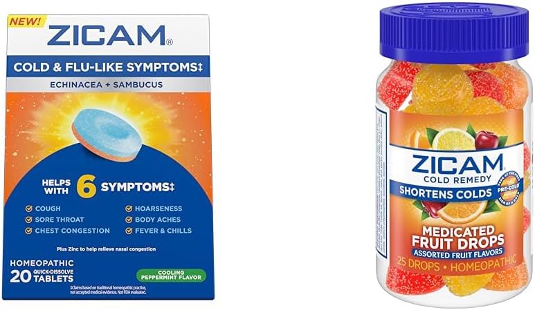 Zicam Cold & Flu 20 Tablets פירות טיפות 25 ספירה קרה קצרת דם יבשה Zinc תרופות