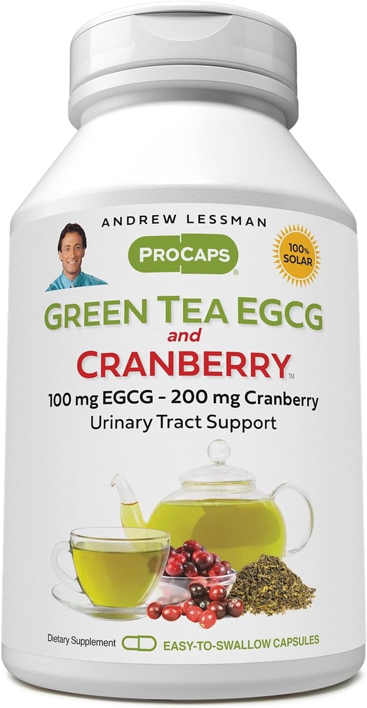 ANDREW LESSMAN Green Tea EGCG & Cranberry 180 קפסולות - סטנדרטי עבור Catechins ו Polyphenols. עוזר להגן על פיסות, איברים ומערכות ברחבי הגוף. תמיכה אנטי-חמצן