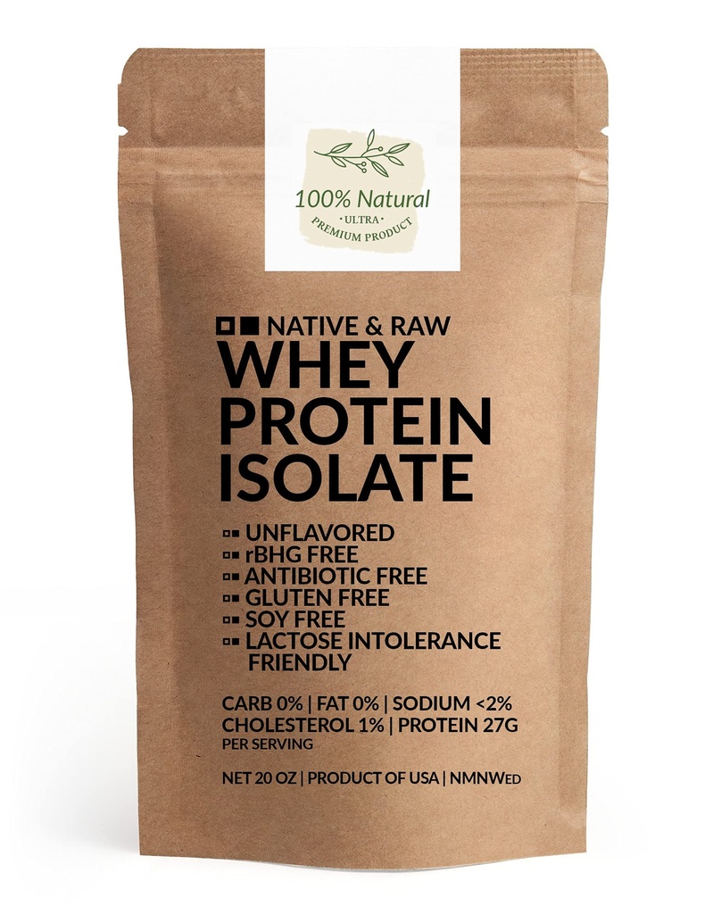 Native & Raw Whey חלבון Isolate, Unflavored, 0percent Carb, Low CholesterolSodium, rBGH חינם, Antibiotic Free, Gluten Free, Soy Free, Good for Keto, Paleo, and Lactose Intolerance, 20 Oz