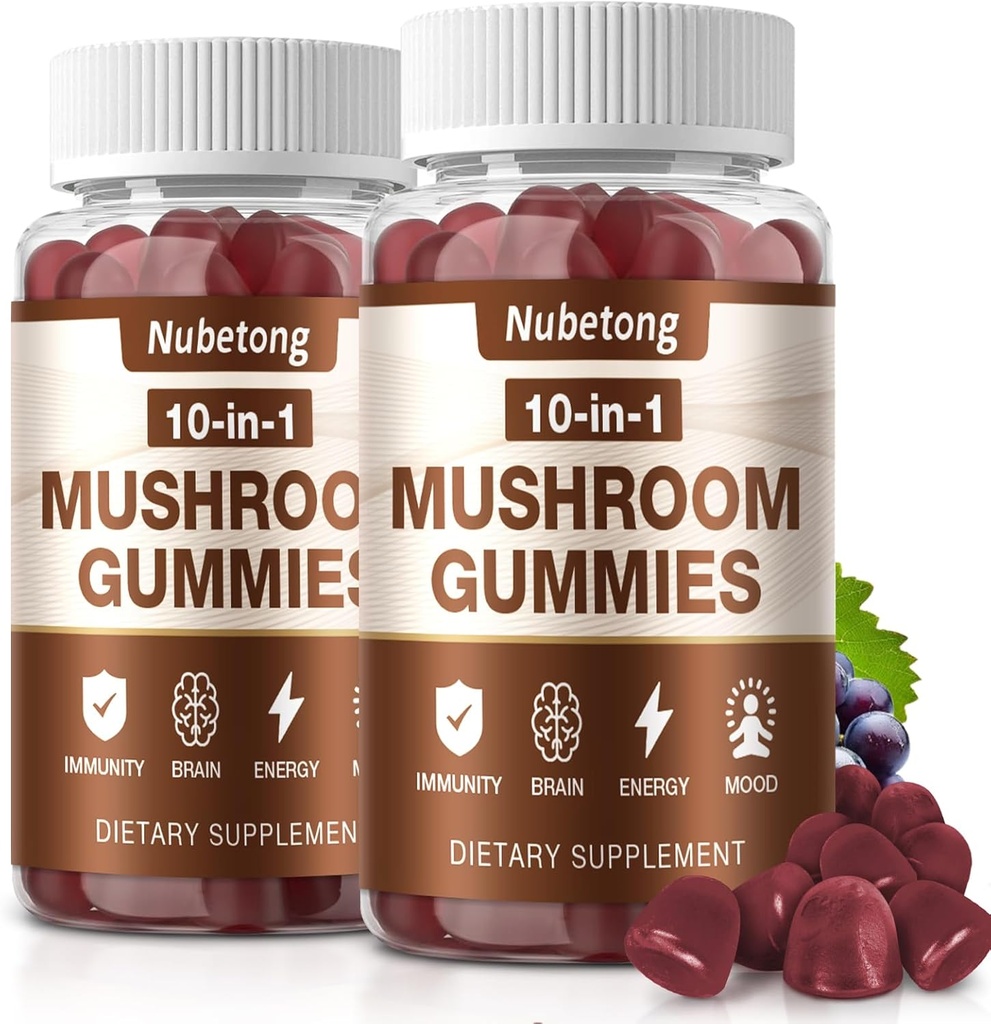 NUBET Mushroom Gummies - 10x Mushroom תוספת למבוגרים עם אריה של אריה, Reishi, Chaga וטורקיה Tail - Brain Booster, Immune Support, Stress Relief and Focus Support (2 Pack)