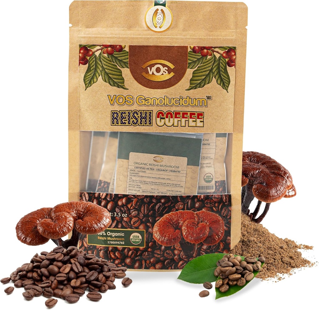 VOS GANOLUCIDUM - 100% קפה רישי אורגני, 2 ב 1 Reishi Mushroom עם קפה, 5 Sachets, Great Tasting, Mushroom, תמיכה בתוסף אנרגיה ותחמושת (0.7 oz כל אחד)