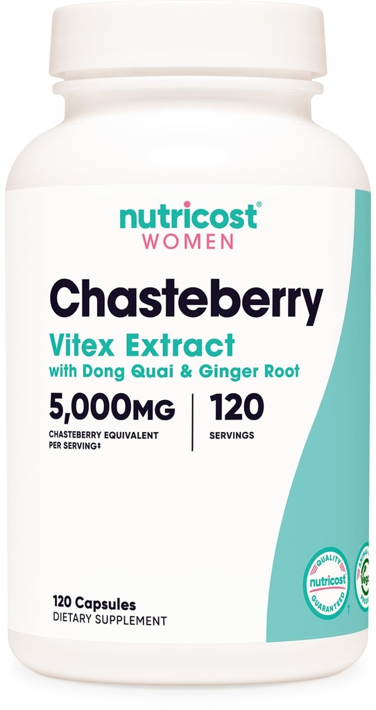 תוספי מזון Chasteberry עבור נשים 120 קפסולות, 5000mg Equivalent Per לשרת (מתוך 500 מ"ג של 10:1 לחלץ), עם Dong Quai & ג'ינג 'ר שורש לחלץ, Vegetarian, Gluten Free & non-GMO.