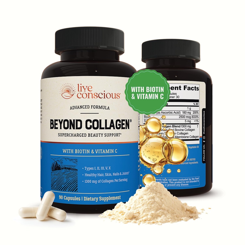 Live Conscious Beyond Collagen Multi Collagen כמוסות - סוגים I, II, III, V & X - hydrolyzed Band with Biotin & C for Hair, Skin, Nails 90 קפסולות