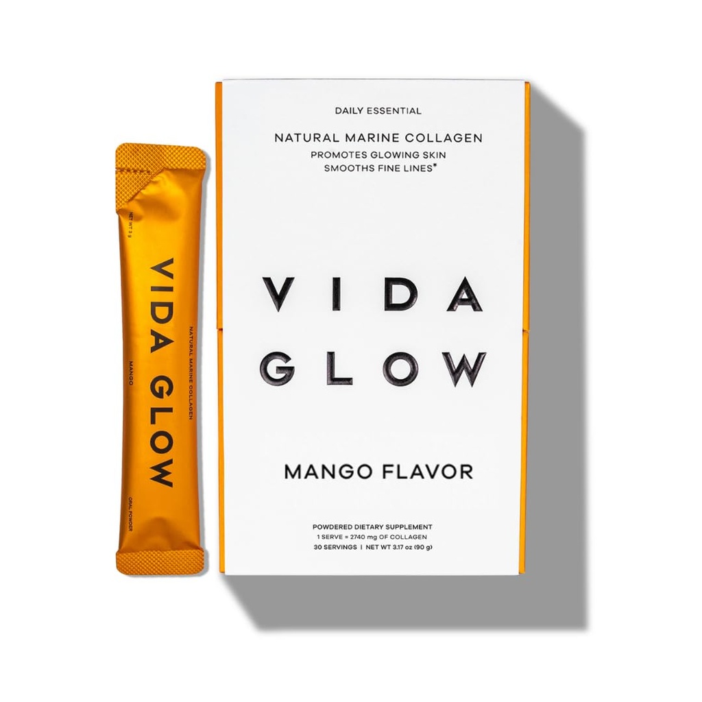 Vida Glow Marine Collagen אבקת - Anti Aging תוסף עם Collagen Peptides, מקדם Glowing Skin, מסמרים חזקים, שיער בריא | 30 משרתים, מנגו פלמור