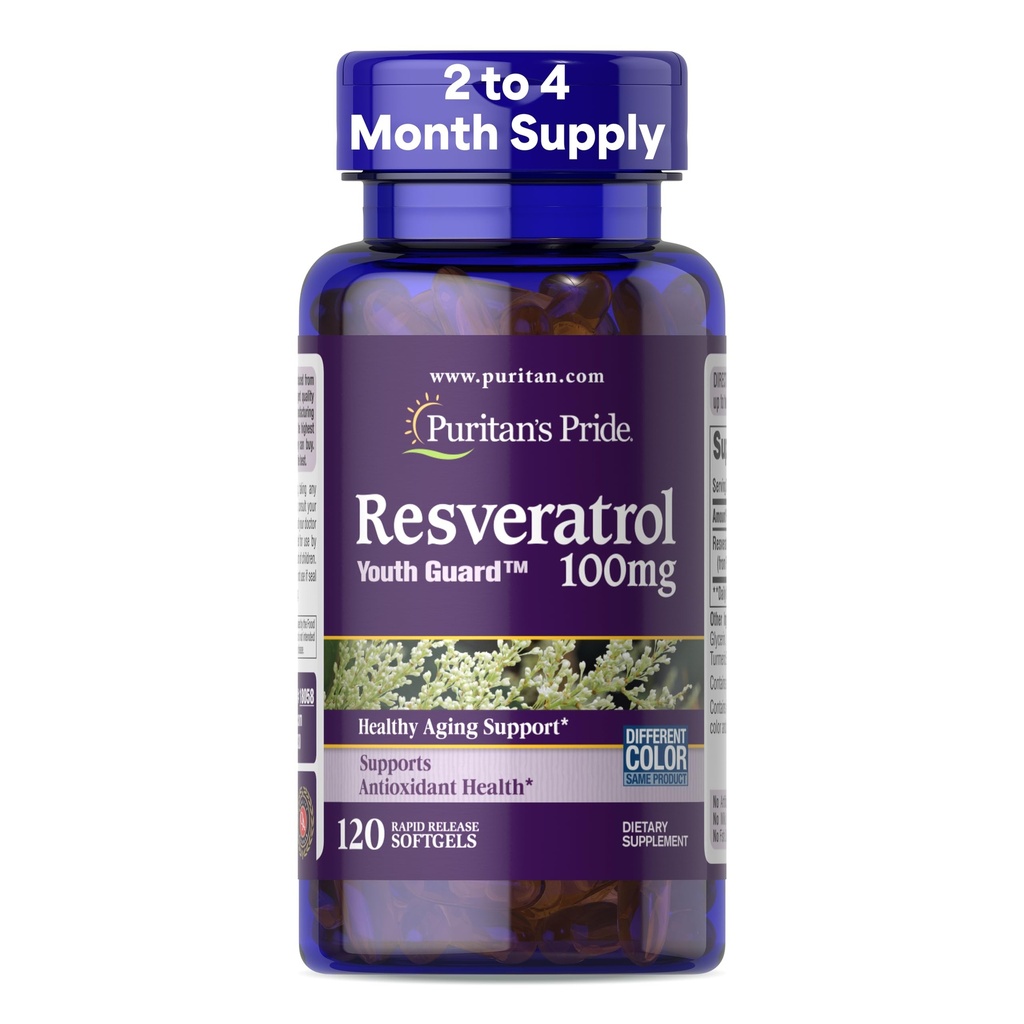 גאווה של Puritan's Pride Premium Resveratrol Youth GuardTM 100 מ"ג, תוספת תזונתית עבור מערכת החיסון, Antioxidant, Sugar Metabolism, Blood Flow ו-Vircular Function Support, 120 Softgels שחרור מהיר