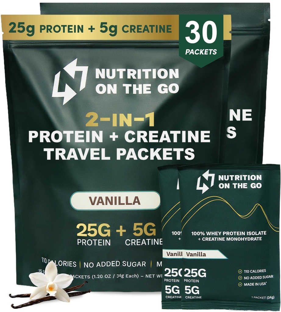 תזונה על Go Whey חלבון Isolate Packets עם Creatine - 25g חלבון + 5g Creatine - אבקת חלבון נסיעות יחיד המשרת - וניל (30-Pack)