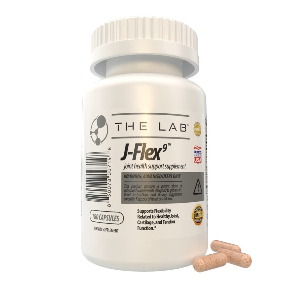 J-FLEX9 Advanced Health Supplement + Cartilage Support & Tendon Function; Ingredients כוללים: Chondroitin, Glucosamine, MSM, Curcumin, Boswellia Serrata, Collagen. מיוצר בארה"ב