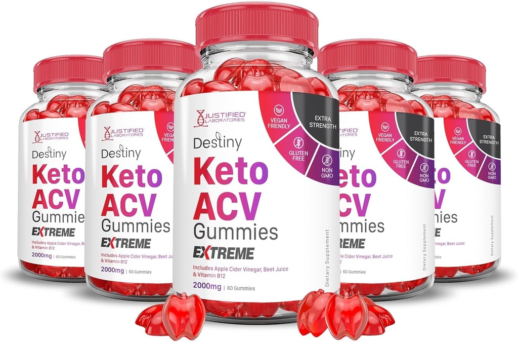 Justified Laboratories (5 Pack Destiny Keto ACV Gummies Extreme 2000MG Destiny Ketomies Advanced Formula Apple Cider Vinegar with Pomegranate Beet Juice אבקת B12 טבעוני non GMO 300 חניכיים מתקדמות