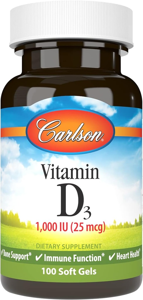 קרלסון - ויטמין D3, 1000 IU (25 mcg), בריאות העצם, בריאות השרירים, כולסטרול, כולסטרול, תוספי ויטמין D, ויטמין D3 Soft Gels, 100 Softgels