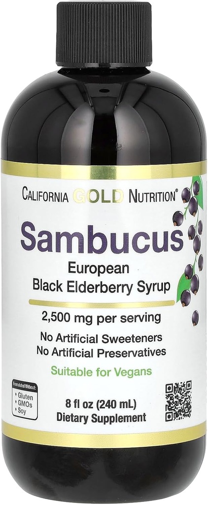 California Gold Nutrition Elderberry Syrup, Black Elderberry (Sambucus Nigra) Juice Concentrate, Seasonal Immune Support, No artificial Preservatives או Sweeteners, 2,500 מ"ג, 8 floz (240 מ"ל)