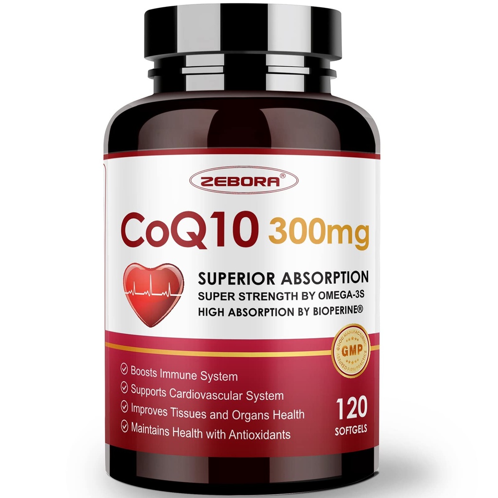 ZEBORA CoQ10-300mg-Softgels עם PQQQQ, BioPerine & אומגה 3, 120 משרתות Coenzyme Q10 (Ubiquinone) עבור High-Absorption, Powerful-Antioxidant, תמיכה בריאות הלב ואנרגיה-ייצור