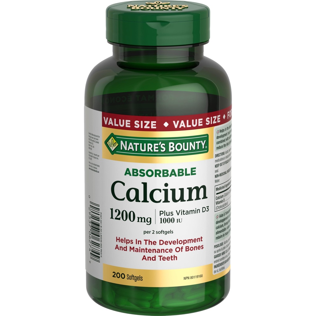 Nature's Bounty Absorbable Calcium 1200 מ"ג בתוספת ויטמין D3 1000IU 200 ספירה
