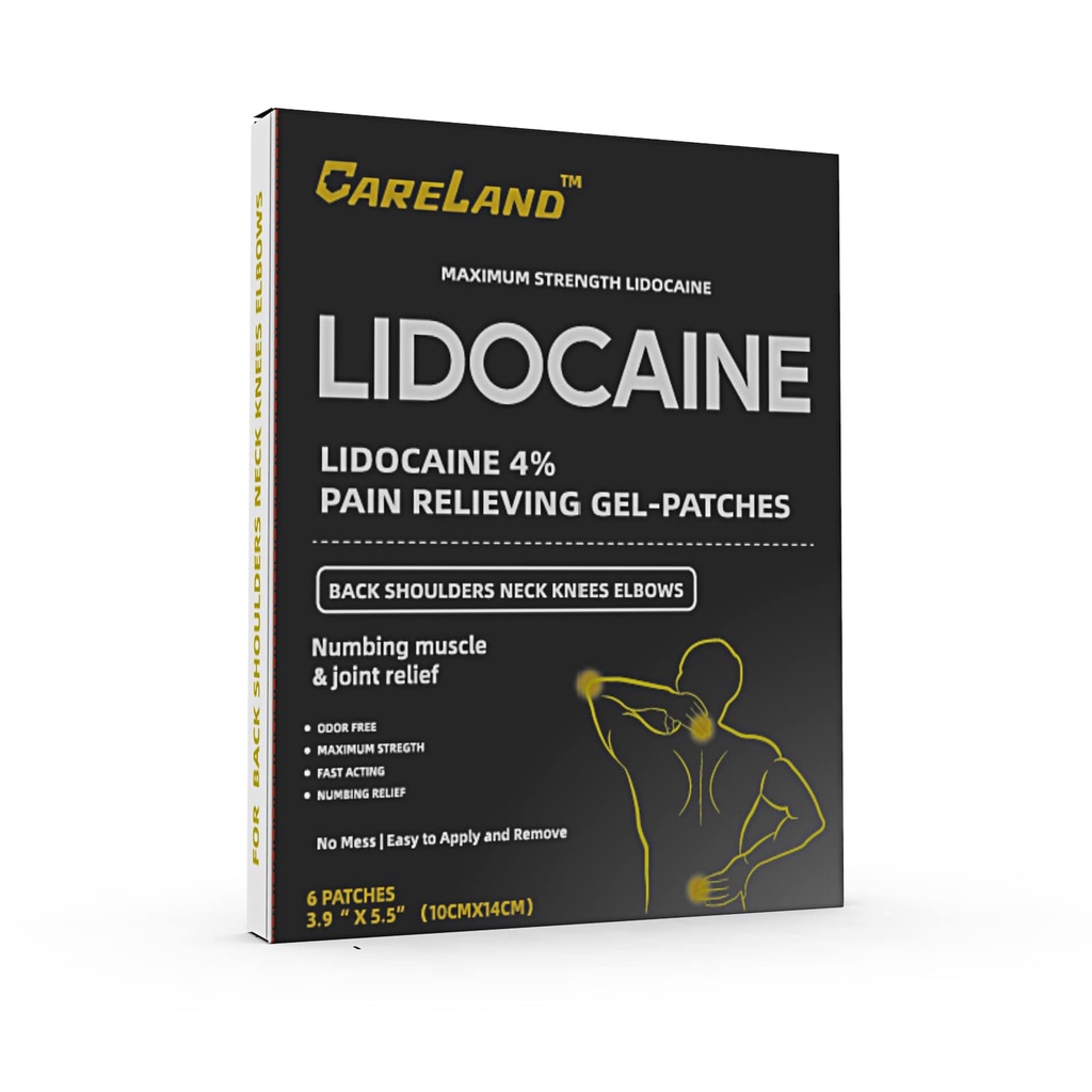 Careland 4% Lidocaine Gel Patch, 6 Count | כאבי כוח מקסימליים עבור כאבי שרירים הקלה בצוואר הברך Back and Shoulders | Unscented Numbing Patch for Soothing Nerves, Joints