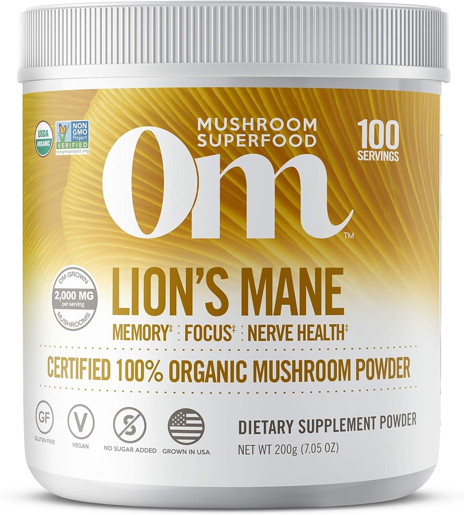Om Organic Mushroom Nutrition Mane: Memory, Focus, Nerve Health, 100 מנות, 7.14 Ounce, 200 גרם