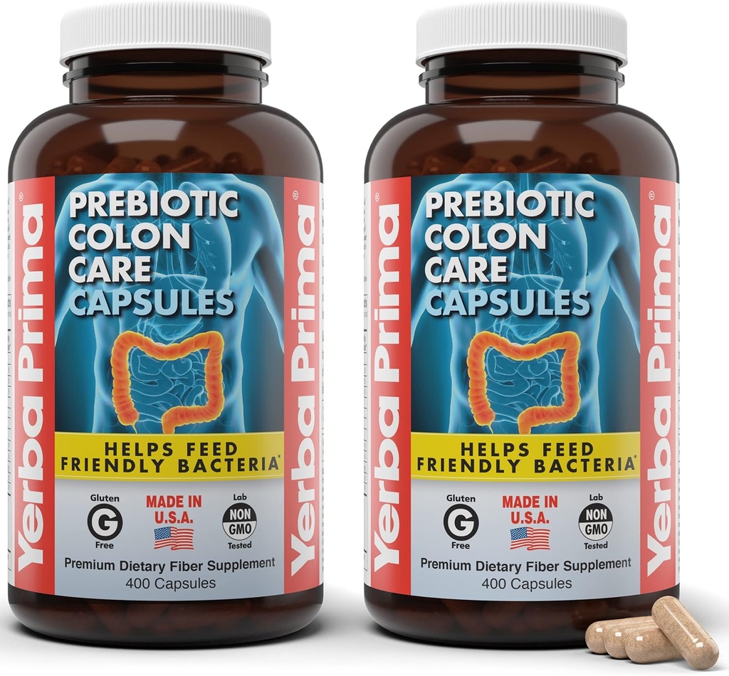 Yerba Prima Prebiotic Colony Care קפסולות, 400 Caps (Pack of 2) - חמישה טפסים של תוספי תזונה סיבים סיביים - סיבים בריאים soluble & Insoluble עבור סדירות ותמיכה מזיקה