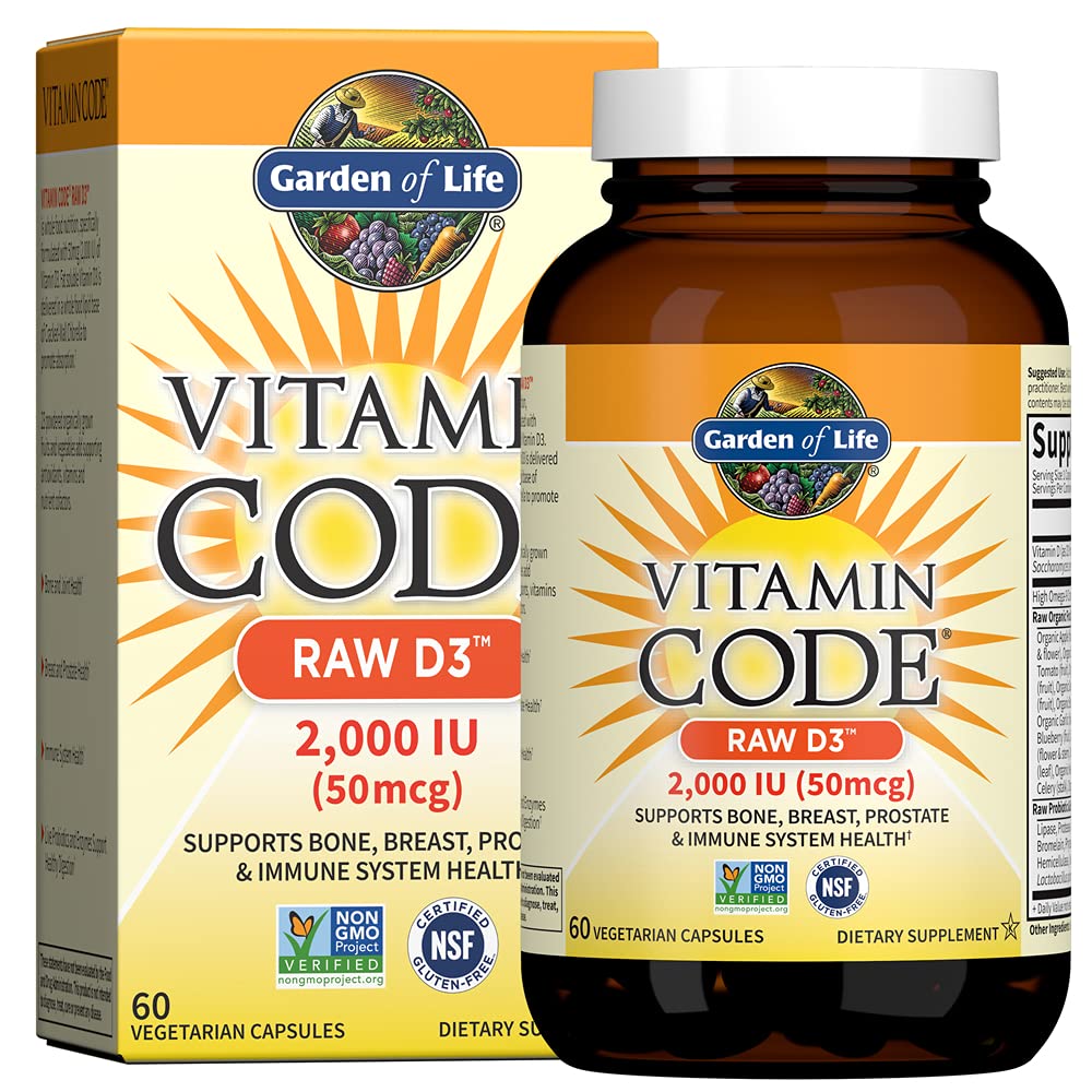 גן של ויטמין D, ויטמין Code Raw D3, ויטמין D 2,000 IU, Raw Whole Food D3 תוספי מזון עם Chlorella, פירות, Veggies & Probiotics לבריאות העצם & Immune, 60 קפסולות צמחוניות