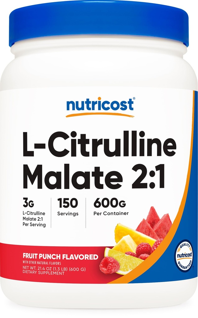 מזונות L-Citrulline Malate 2:1 (600g) פירות Punch - תמיכה בעבודה, ביצועי שרירים, Nitric Oxide Booster - אבקת כושר, 75 משרתים