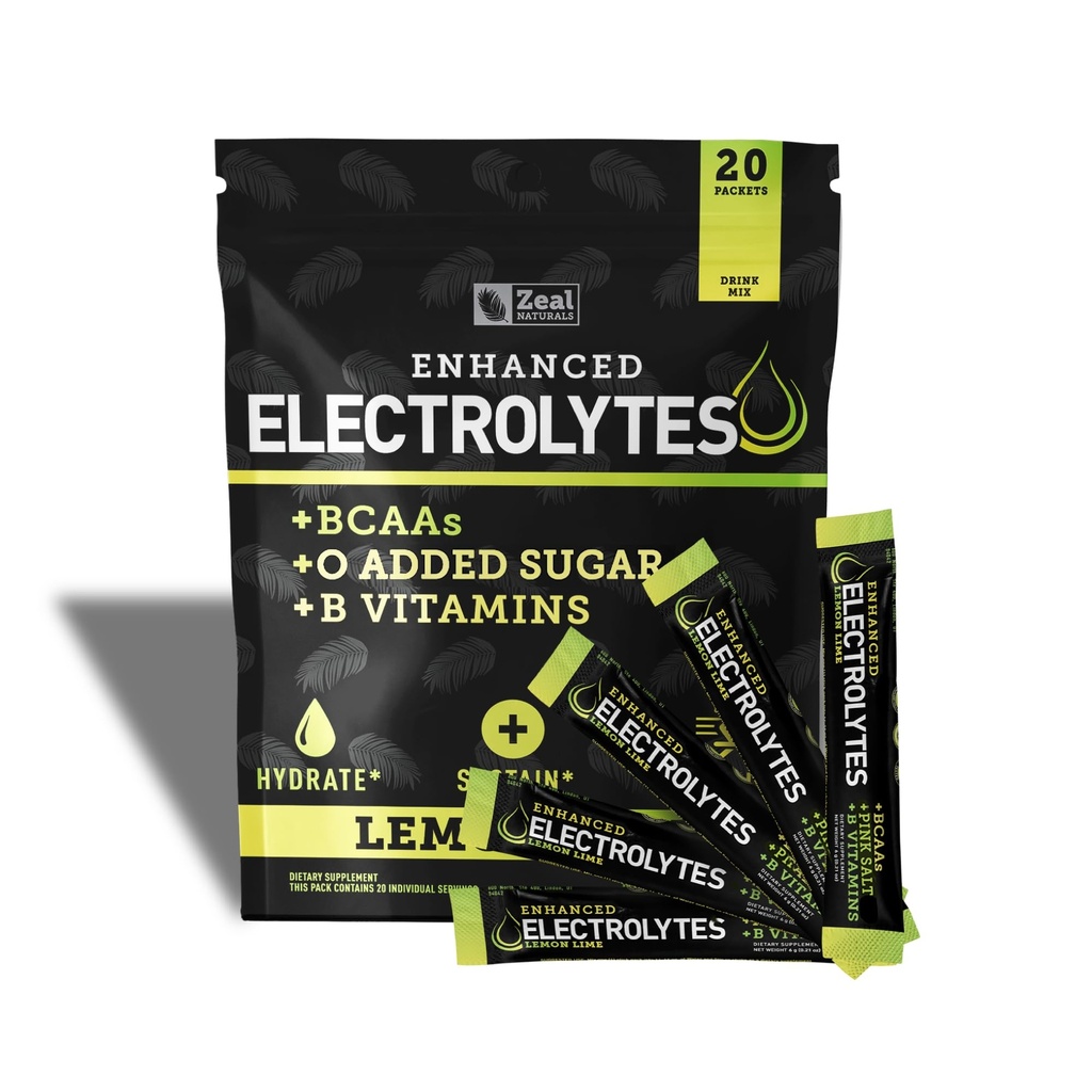 הגדלת פוליקת אלקטרוליט Stick Packs (Lemon Lime | 20 Packets) w / 0 Sugar +BCAAs +B-Vitamins Electrolyte תוסף wassium Zinc & Magnesium עבור הידרה - Keto Electrolytes