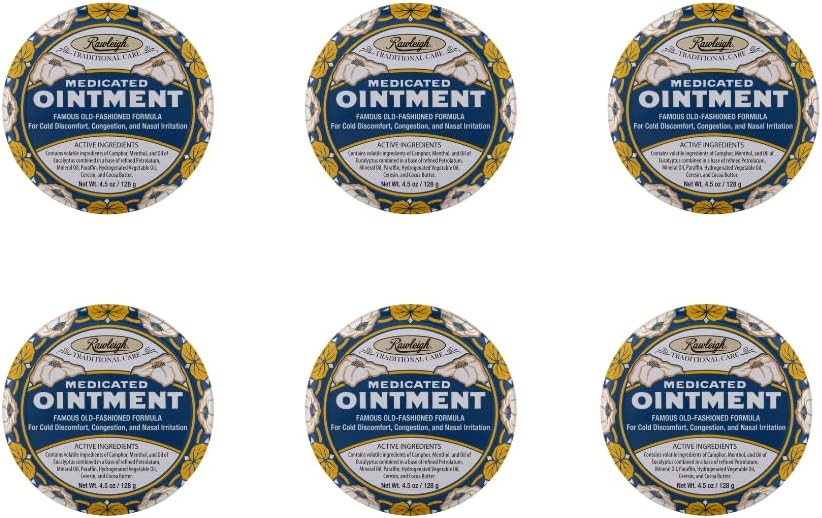 Rawleigh Medicated Ointment: 4.5 oz Blue Tin, צ'סטר צ'סט רוב עבור Cold, Nasalונגestion, Small Aches & Pain, עם קמפור, Menthol & Eucalyptus, non-Gry פורמולה - חבילת של 6 6.