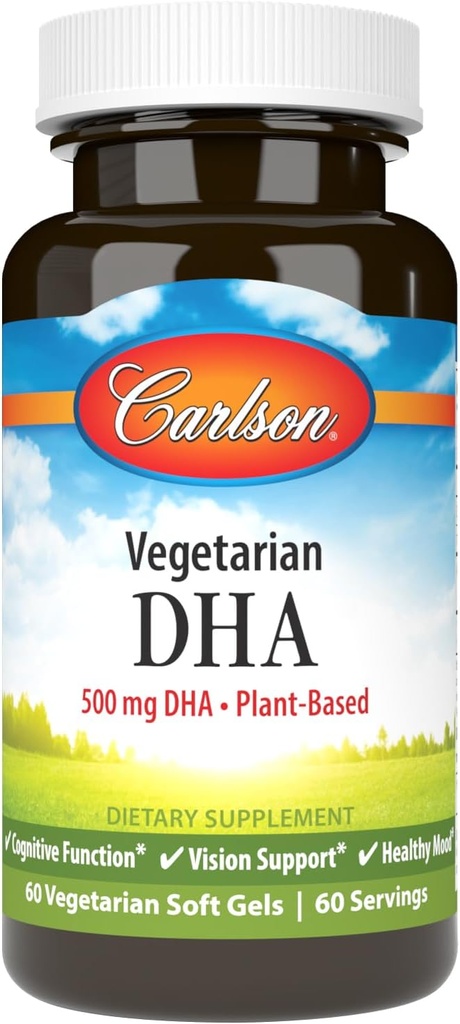 קרלסון - Vegetarian DHA, 500 מ"ג DHA, מבוסס צמחים, מקור סביר של Algae, Brain Support, Mood Health, 60 Softgels
