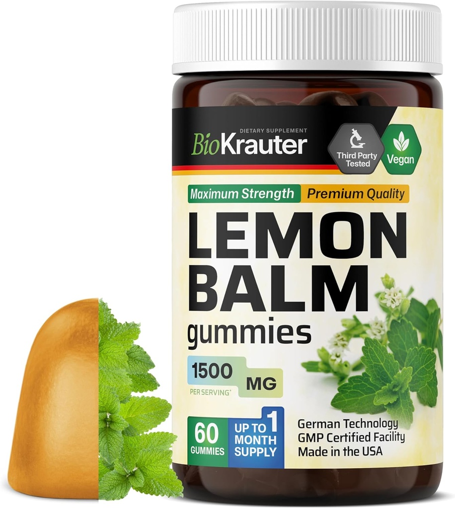 BIO KRAUTER לימון Balm Gummies - 1500 מ"ג כוח - 60 צ'אדים טבעוניים - תמיכה בשומן - לימון Balm Leaf Extract - Gelatine-Free