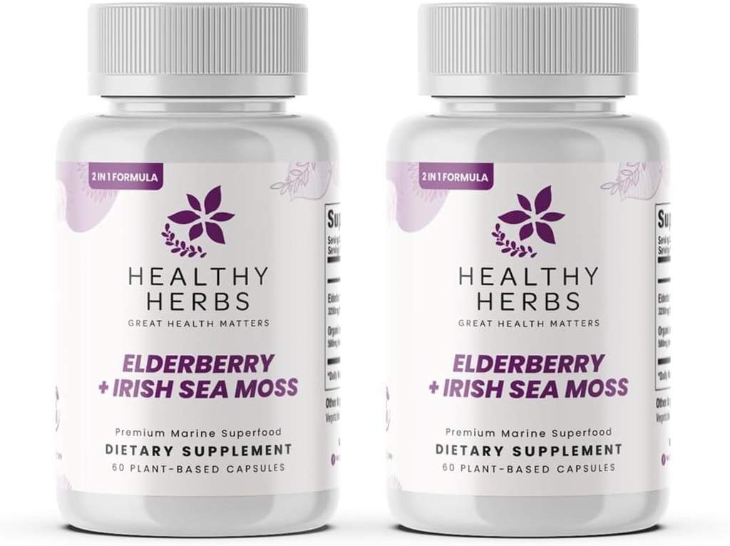 Herbs WildBuildberry Sea Moss כמוסות | 2600 מ"ג אירי הים Mosss + Elderberry Essentials בלגן | US-Made, טבעוני, Non-GMO, Easy-Swallow (2-Pack)