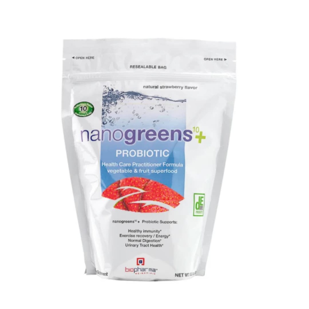 Biopharma Scientific Nanogreens+Probiotic: Greens Superfood פירות & ירקות אבקת Smoothie Mix & 5 מיליארד פרוביוטיקה לבריאות העיכול עם Spirulina, Chlorella, Strawberry Flavor, 30 משרתים