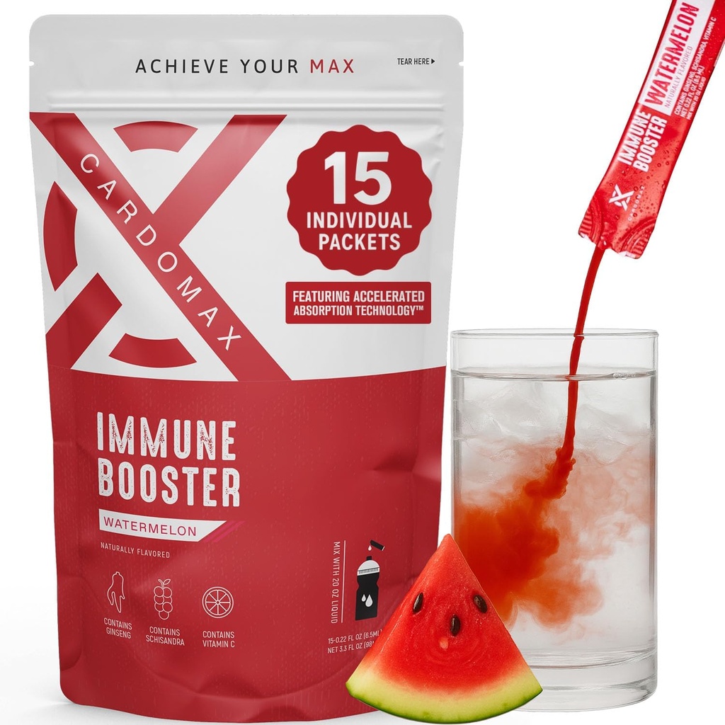 CardoMAX Immunity Booster נוזל שתייה לערבב עם ג'ינסנג ויטמין C לילדים ומבוגרים, Immune תומך תוסף אנרגיה ו- Wellness, Watermelon Flavor, 15 חבילות דבק נוזלי יחיד המשרת