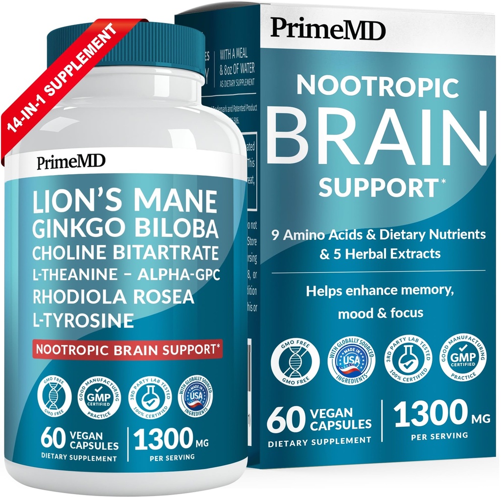14-in-1 Lions Mane תוספי קפסולות - Nootropic Brain תוספת עם ג'ינקגו Biloba עבור תמיכה במוח, זיכרון להתמקד - אלפא GPC, Lanine & Cholines עם 1300 מ"ג Per משרת (60 ct)