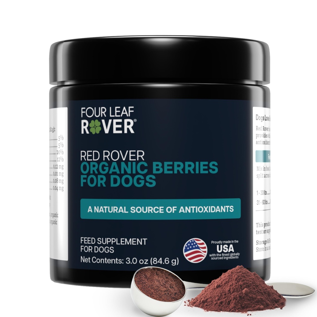4 Leaf Rover Red Rover - כלב Urinary Tract תוסף - עם ויטמינים של צריפים אורגניים ואפל - מקור טוב של פוליפנולים ואנטיoxidants - 30 משרתי כלבים גדולים