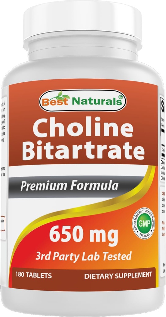 Best Naturals Choline Bitartrate 650 מ"ג (Non-GMO) עבור תפקוד המוח הקוגניטיבי הטוב ביותר 180 טבליות