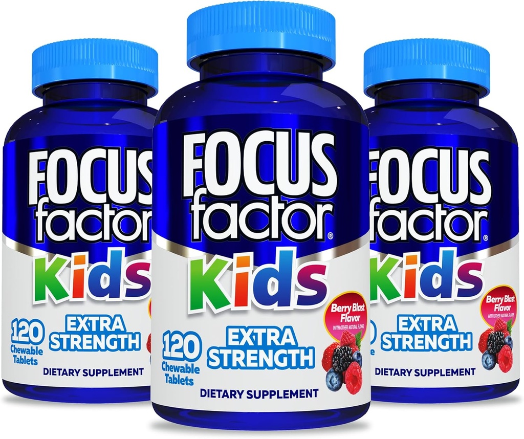 Focus Factor Kids Extra Power Daily Chewable for Brain Health Support, 120 הרוזן - ויטמינים לילדים - פורמולה איכותית - Gluten & Milk Free תוספים לילדים (3 Pack)