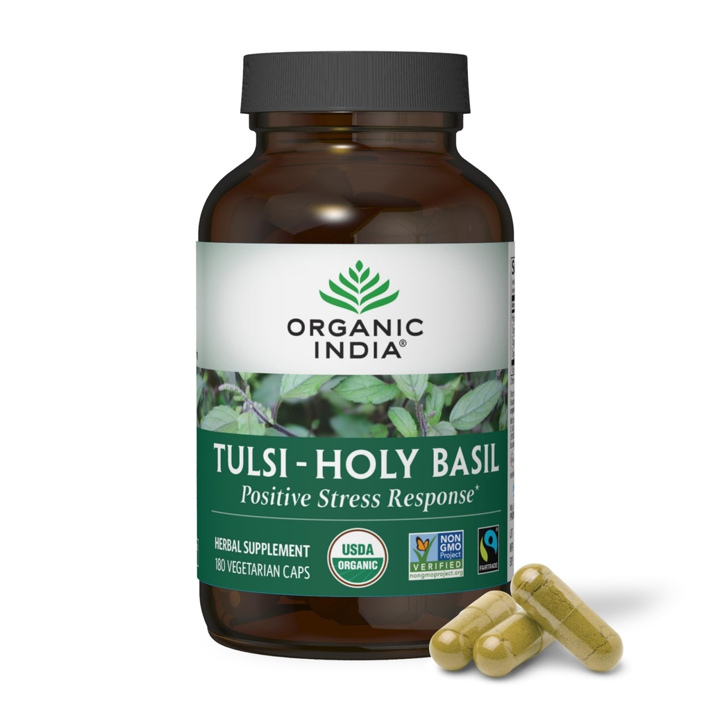 OrganIC INDIA Tulsi Holy בזיל קפסולות - תמצית בזיל הקדוש, התוסף צמחי, Immune Support, Stress Relief, Vegan, Gluten-Free, כשר, אורגני, Non-GMO - 180 קפסולות