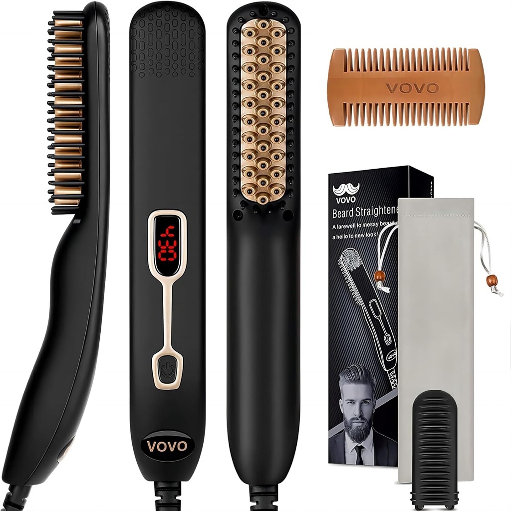 VOVO Beard Straightener Comb שדרג את Professional 2 ב 1 Men's Beard Straighting שיער ישרף Brush Portable Anti-Burn 6 טמפרטורה מכוונן עם תצוגת LED עבור בית וטיול