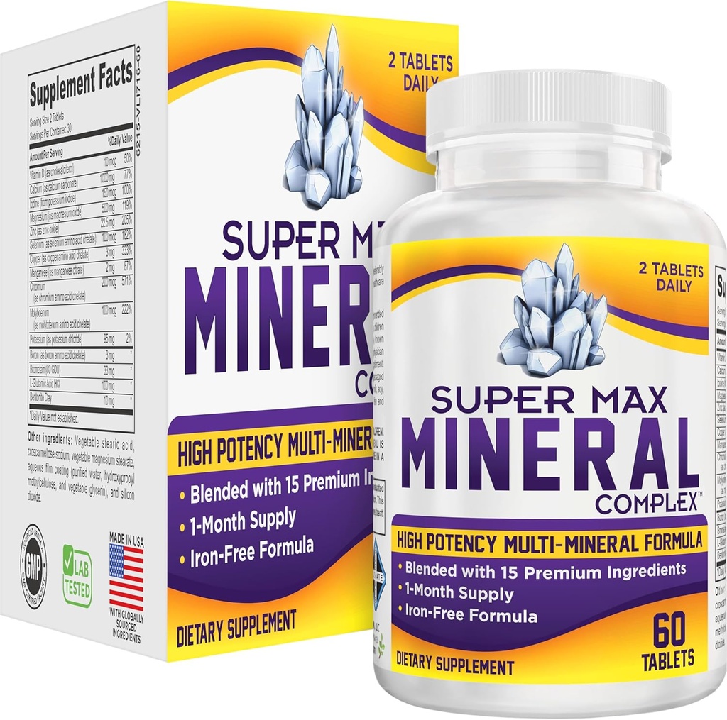 Super-MAX Multimineral תוסף (Iron Free) Multiminerals | High-Potency Multi מינרלים תוספי (All-in-1) מינרלים פורמולה | מתחם מינרלים 1-Month Supply | 60 טבליות