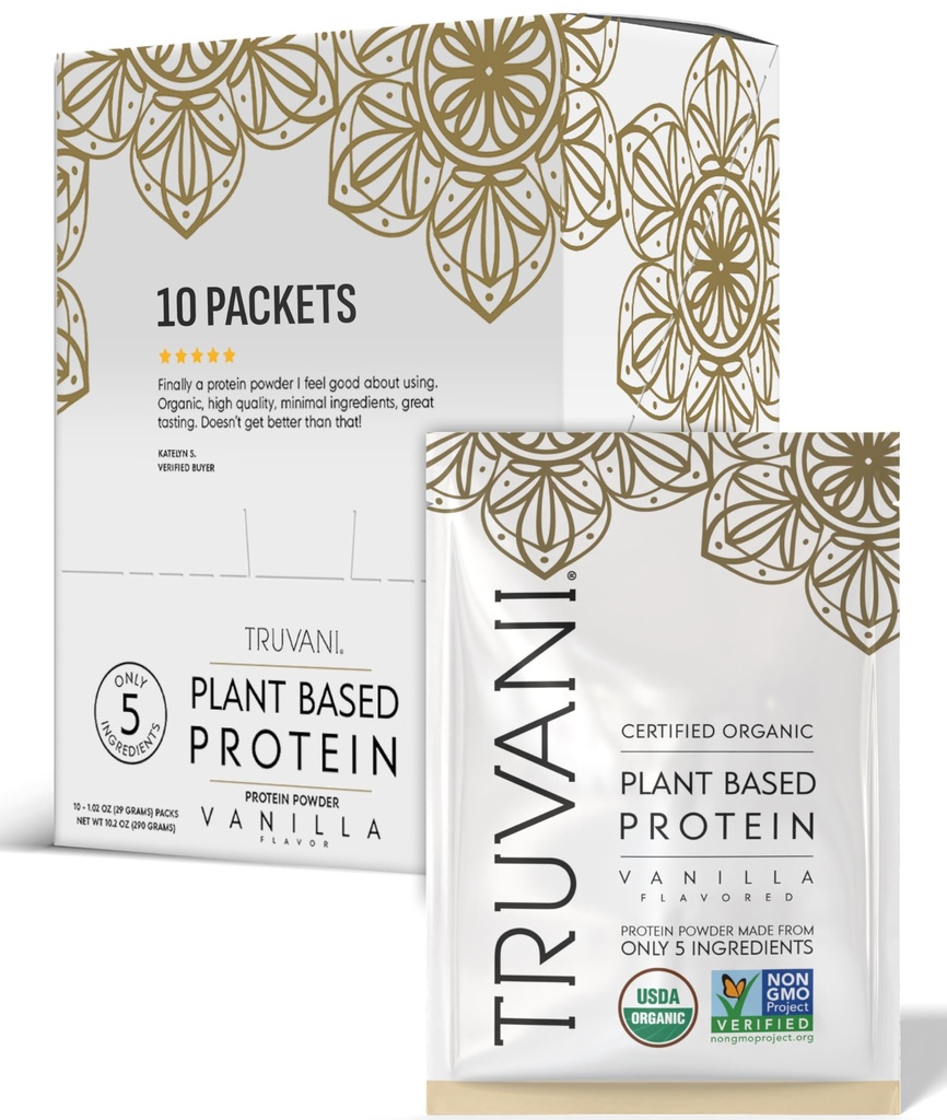 Truvani Vegan Pea אבקת חלבון; Vanilla | 20g אורגני צמחי מבוסס חלבון | Single Serve Packets | 10 משרתים | Keto | Gluten & Milk Free | Low Carb | לא תוספת סוכר