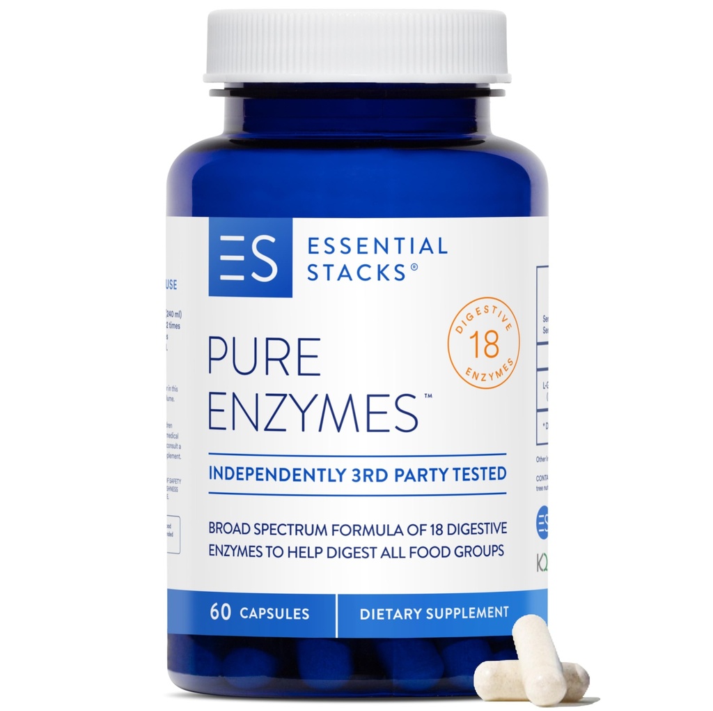 Essential Stacks Pure Digestive Enzymes (Gluten, Milk & Soy Free) - 18 Enzymes for Digest incl. Amylase, Lipase & Lactase - Vegetarian & Non-GMO (60 קפסולות)