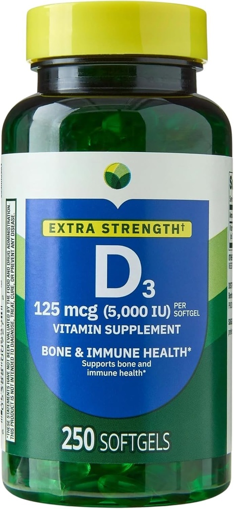 H4U תוספת חיזוק ויטמין D3 5000 IU (125 mcg) Softgels | תומך העצם, שיניים ובריאות החיסון | High Potency Sunshine | ויטמין Easy-to-Swallow | 250 Count